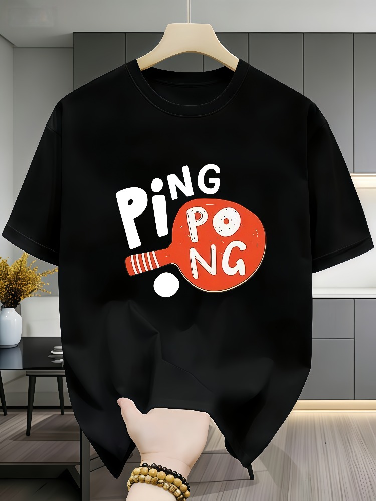 Table Tennis Graphics - เสื้อยืดลำลองผู้ชายลายกราฟิกปิงปอง ผ้าฝ้าย พิมพ์ลายไม้ปิงปอง ลูกปิงปอง และตัวอักษร คอกลม