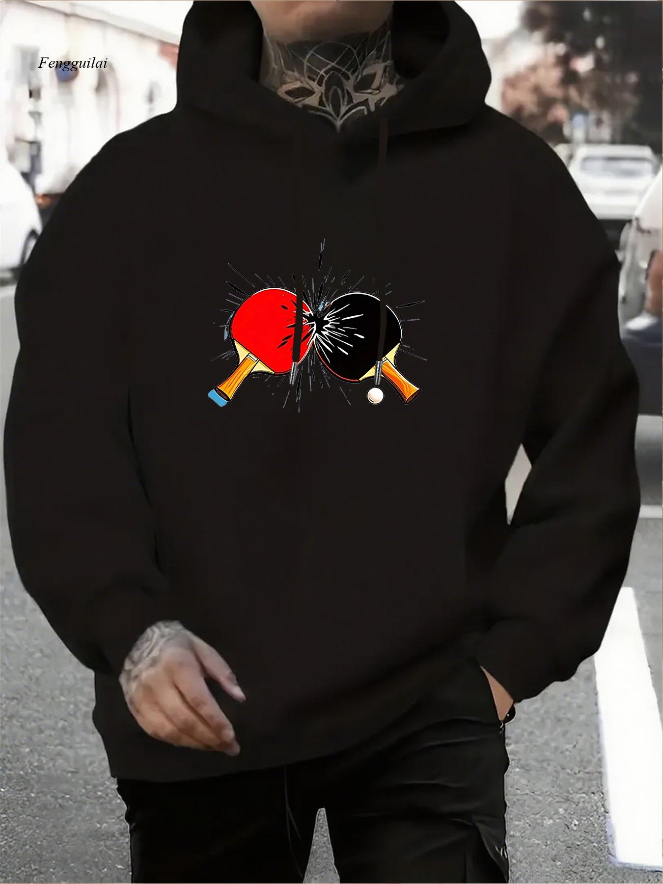 Table Tennis Graphics - เสื้อฮู้ดลายปิงปอง - ดีไซน์เทเบิลเทนนิสสไตล์เรโทรพร้อมไม้ปิงปองและลายพิมพ์ เสื้อสเวตเชิ้ตมีฮู้ดให้ความอบอุ่น