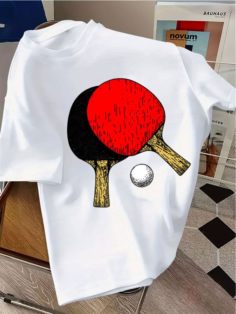 Table Tennis Graphics - เสื้อยืดคอกลมสีกรมท่าสำหรับผู้ชาย ลายกราฟิกไม้ปิงปองสไตล์วินเทจ ทรงหลวมใส่สบาย เหมาะสำหรับฤดูร้อน ใส่ได้ทุกวัน สไตล์ลำลอง